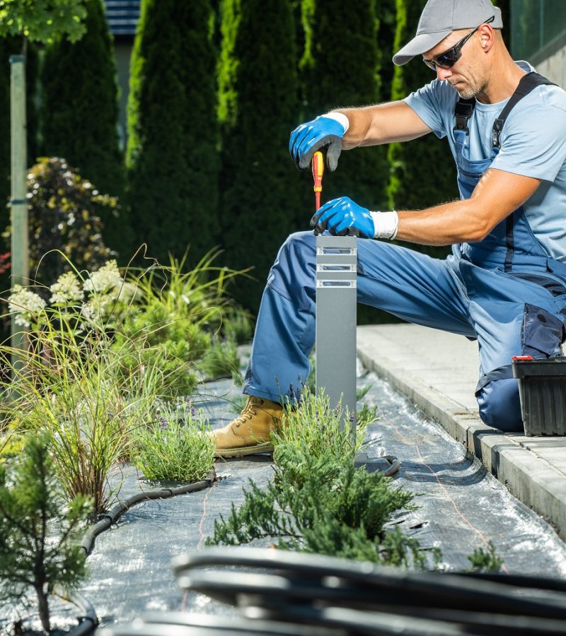 Caucasian Male Landscape Electrician with Opened Toolbox Next to Him Installing Backyard Garden Illumination System Screwing the Lamp with a Screwdriver. Thuja Wall in the Background.